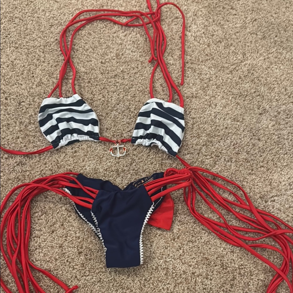Bikini crush Nautical Striped Bikini with Red Straps